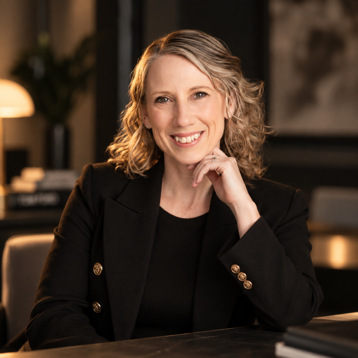 Jasmine Rohland seated at a desk, smiling, wearing a black blazer in a warm interior