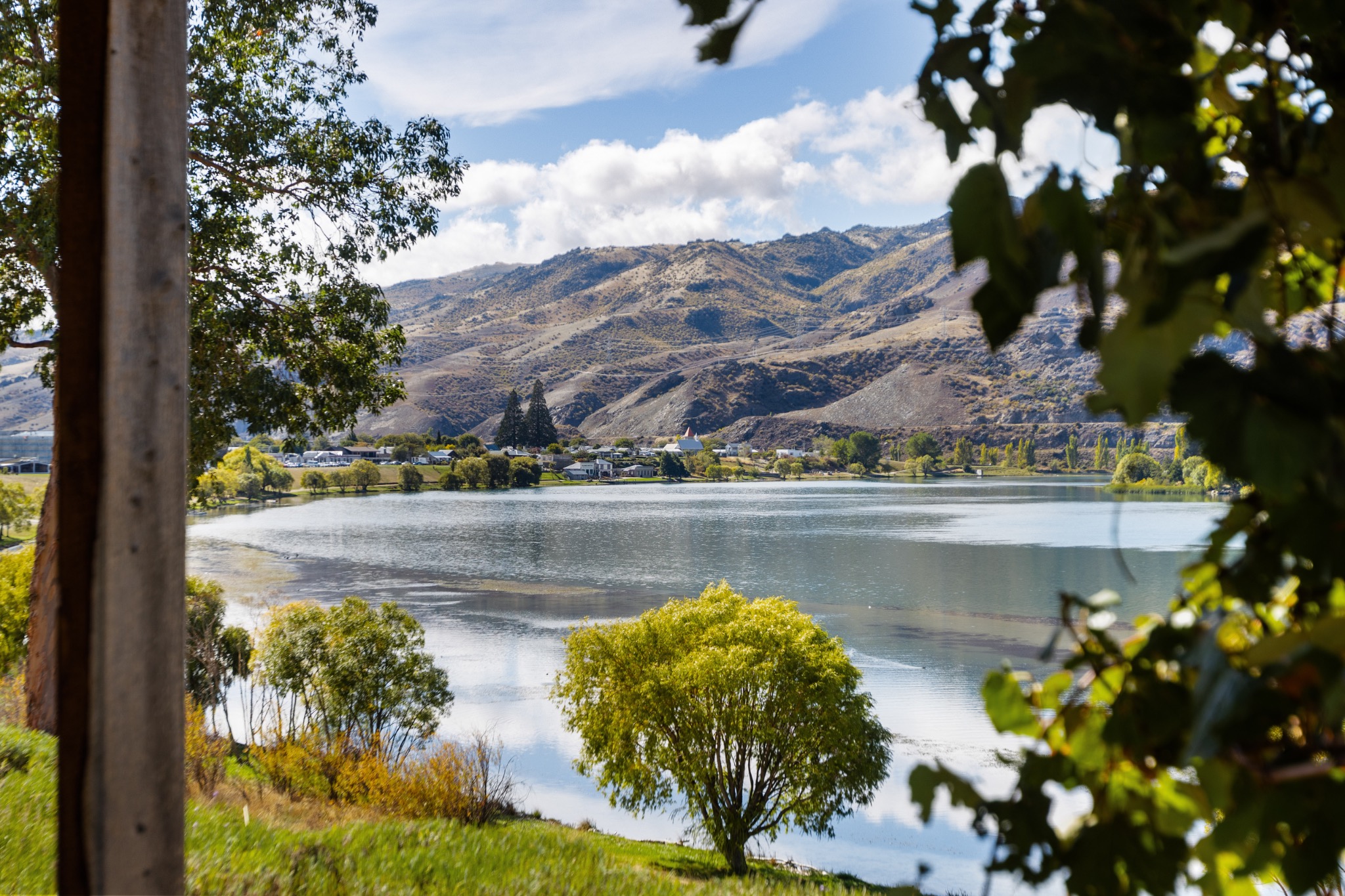 Lake and mountains framed by trees