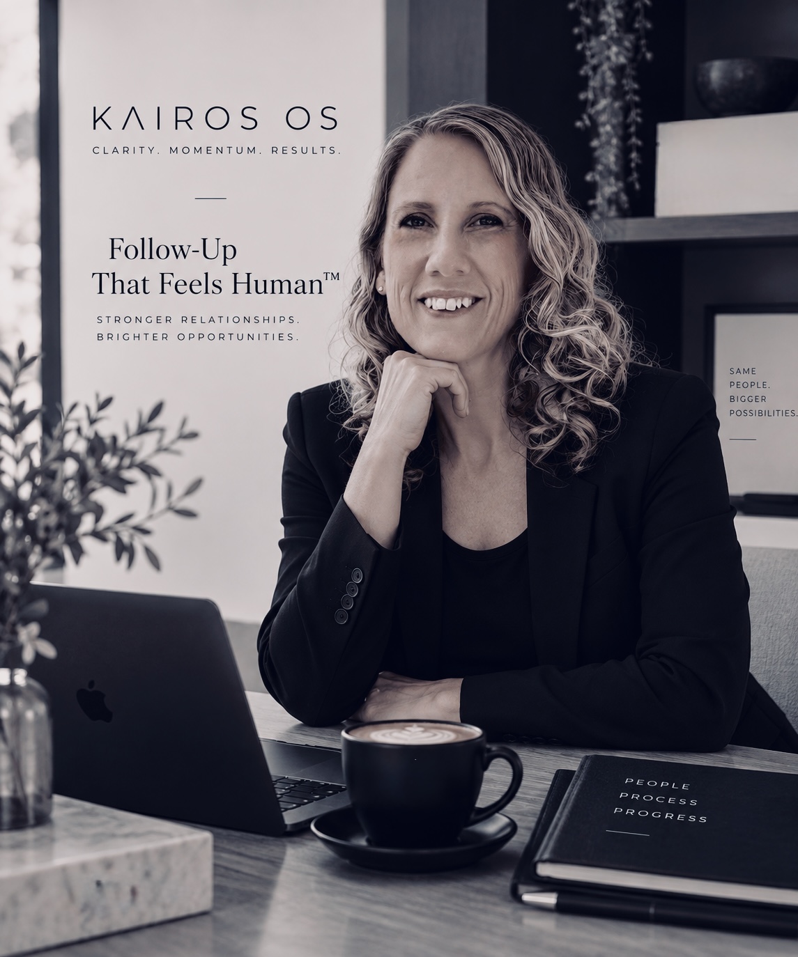 Jasmine Rohland smiling at a workspace with laptop and coffee, Kairos OS and Follow-Up That Feels Human branding behind her