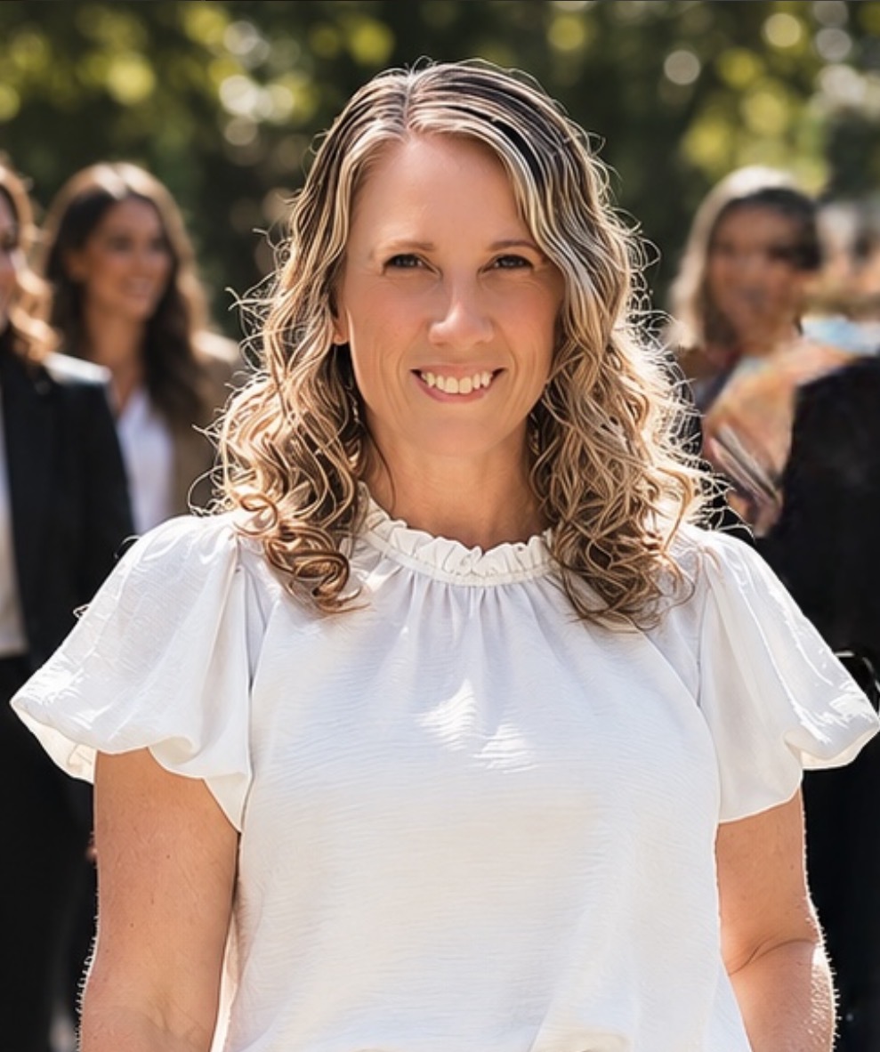 Jasmine Rohland outdoors in a white blouse, smiling, with people gathered behind her